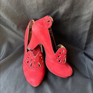 Miss L-Fire Red Suede Cutout Women's Platform Heels - Vintage-inspired Elegance